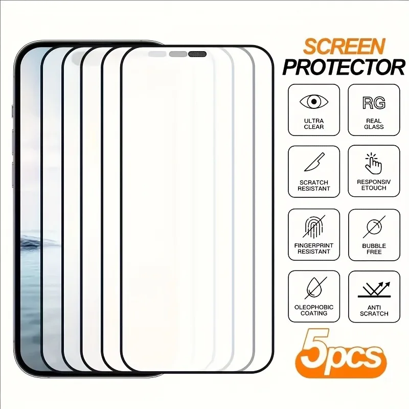 5Pcs HD Tempered Glass Screen Protectors for iPhone 17 16 15 14 Pro Max 11 12 13 Pro 12 13Mini 7 8Plus XS XR XS Max Glass Film
