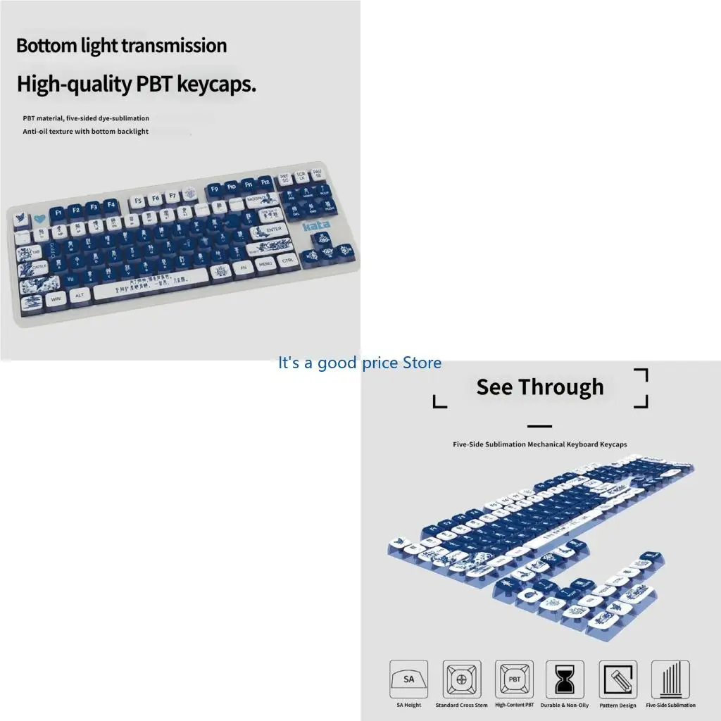  125Key Blue White Porcelain Themed Keycaps SA Profile For Mechanical Keyboards