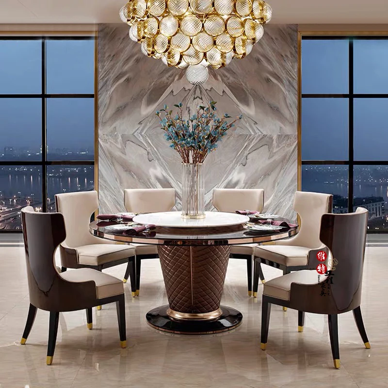 

Postmodern dining table and chair combination light luxury round dining table Fendi Italian leather dining chair simple restaura