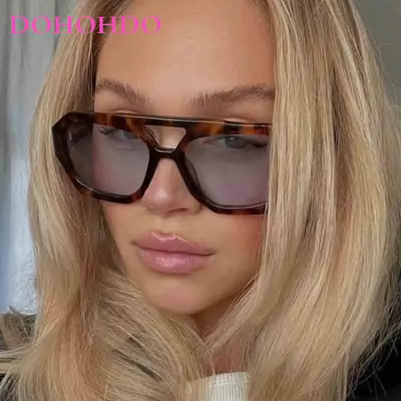 Vintage Pilot Sunglasses Women Luxury Big Frame Double Bridge Gradient Sun Glasses Unisex Leopard Brown Driving Glasses Shades