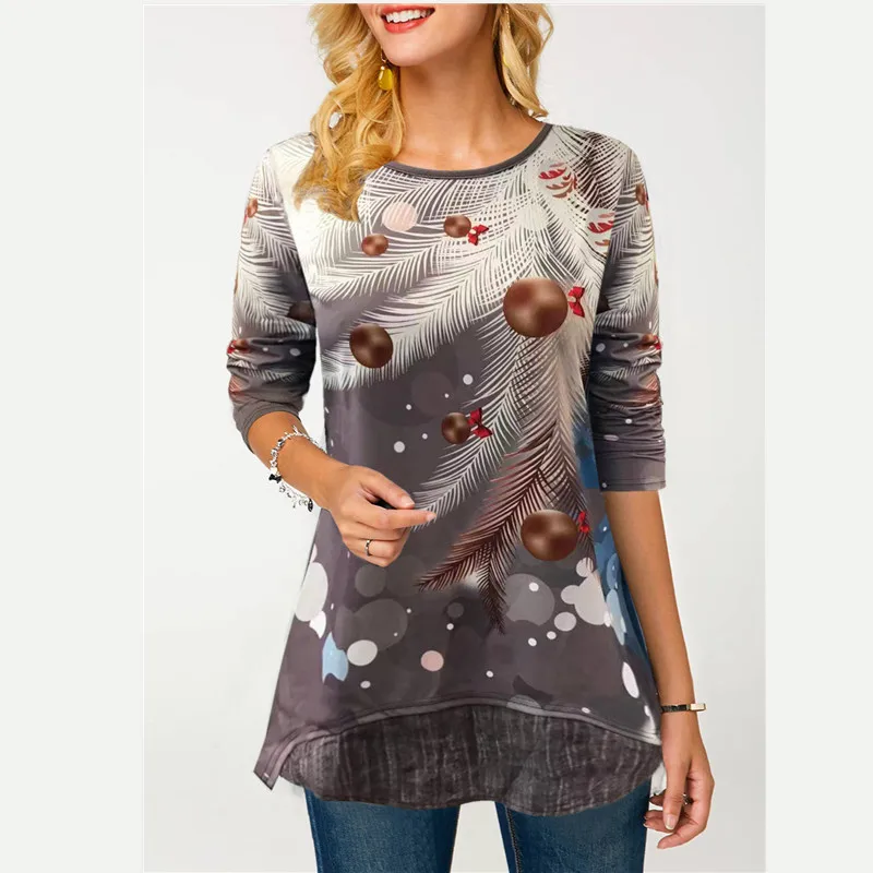 Christmas Print Woman Tshirt O Neck Ladies Long Sleeves Spring Autumn New Products Loose Vintage Christmas Tops