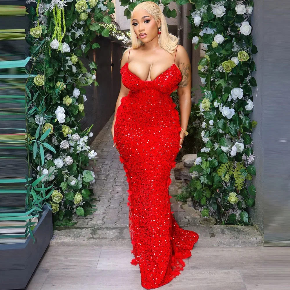 

Sexy Christmas Red Mermaid Prom Dresses With Spaghetti Straps Sequins & Lace vestidos de fiesta Sexy Mermaid Evening Party Dress