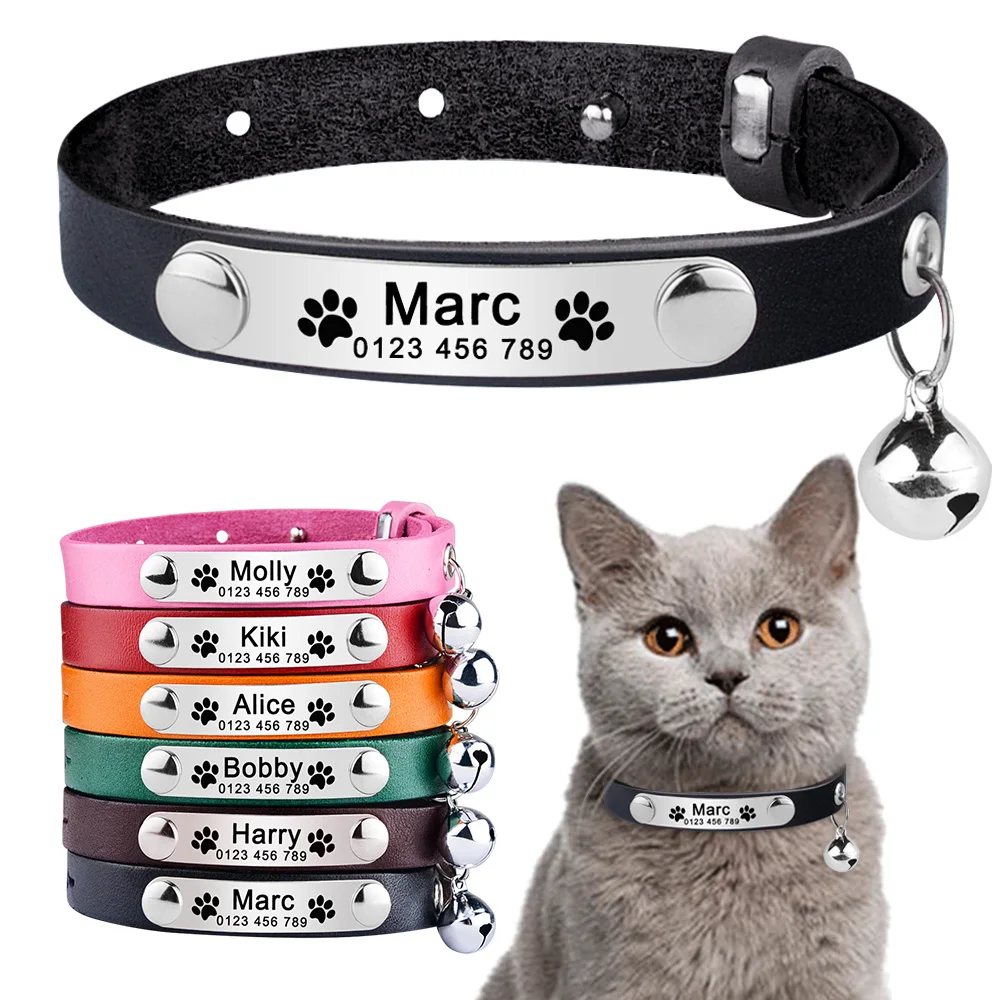 Collar de gato de cuero grabado personalizado con nombre personalizado, collares ajustables antipérdida de Pu, accesorio personalizado para gato