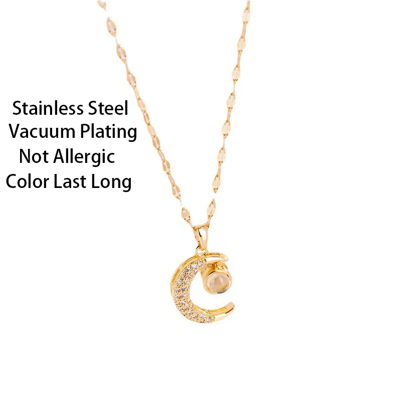 Korean Fashion Cute Crystal Moon Pendant Necklace For Women Romantic Female Stainless Steel Clavicle Chain Jewelry