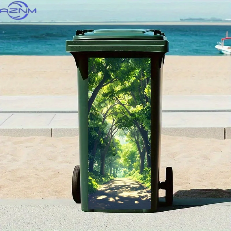 2D Flat 1pc Trash Can Stickers Garbage Bin Decals Featuring Dappled Sunlight Filtering Through Dense Tree Canopy on A Forest P