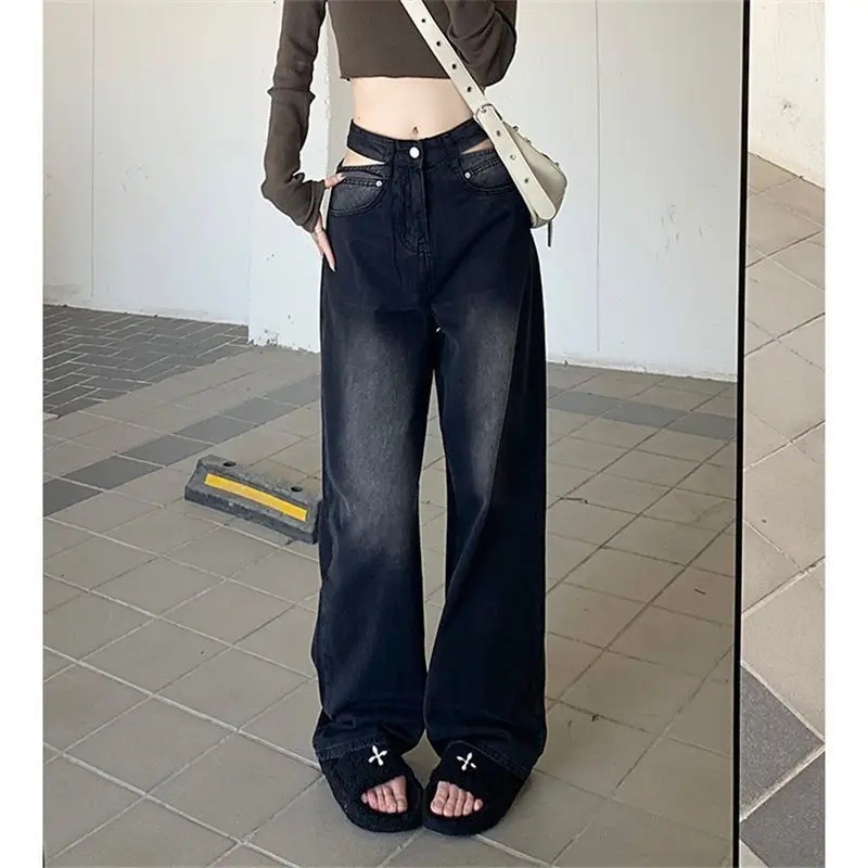 

2024 Women's Spring/Summer American Spicy Girl's Small Form Design Sense Straight and Hanging High Waist Denim Wide Leg Floor Dr