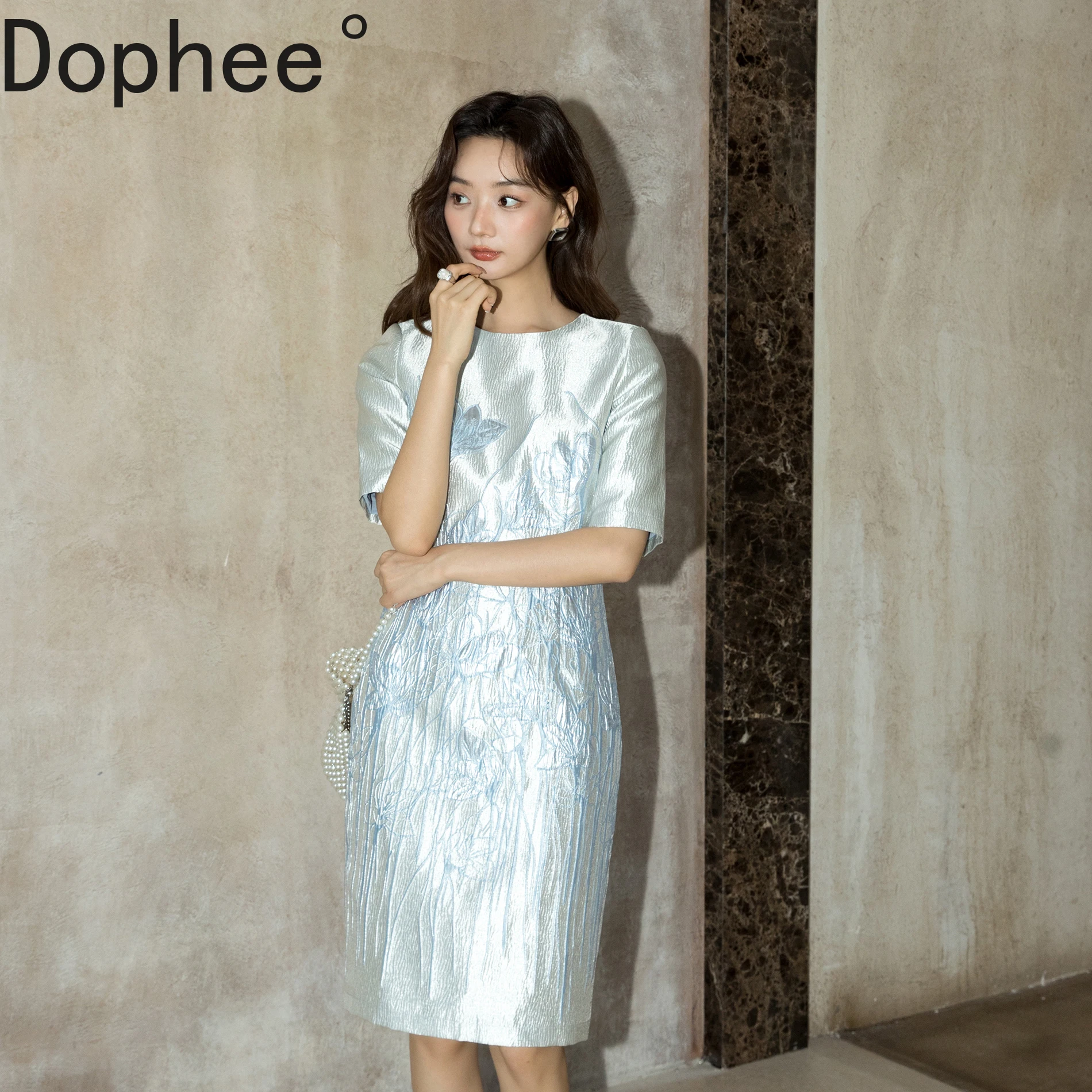 

High Quality Light Blue Jacquard Fabrics Lady One-step Dress New Spring Summer Elegant O-neck Mid-long Knee-length Party Dress