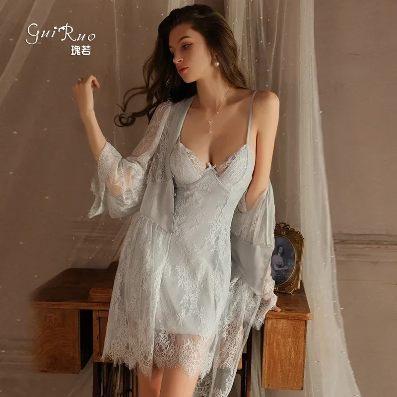 

DZ Guiruo new deep V-low chest with chest cushion pure desire mesh suspender nightgown outer robe women's home suit set P4058