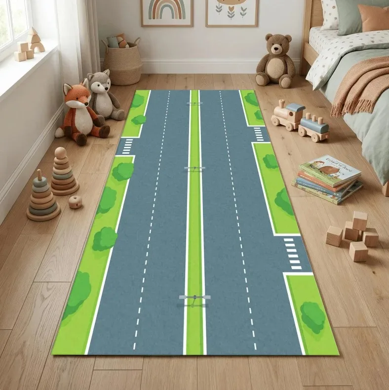 

Modern Road Runner Rug for Kids Room or Playroom Decor Fun Black Highway Carpet Mat for Toy Cars Hallways or Bedroom Accent