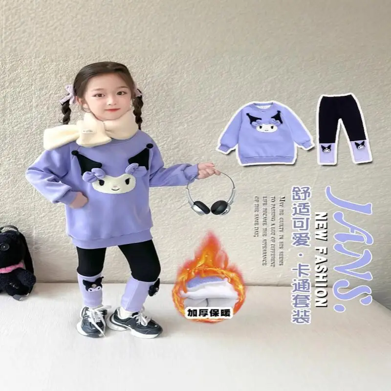 

Sanrio Hello Kitty, домашняя одежда для девочек, Kawaii Y2K, детская одежда в стиле аниме, комплект из двух предметов, модный флисовый комплект Kuromi, осень-зима, дети