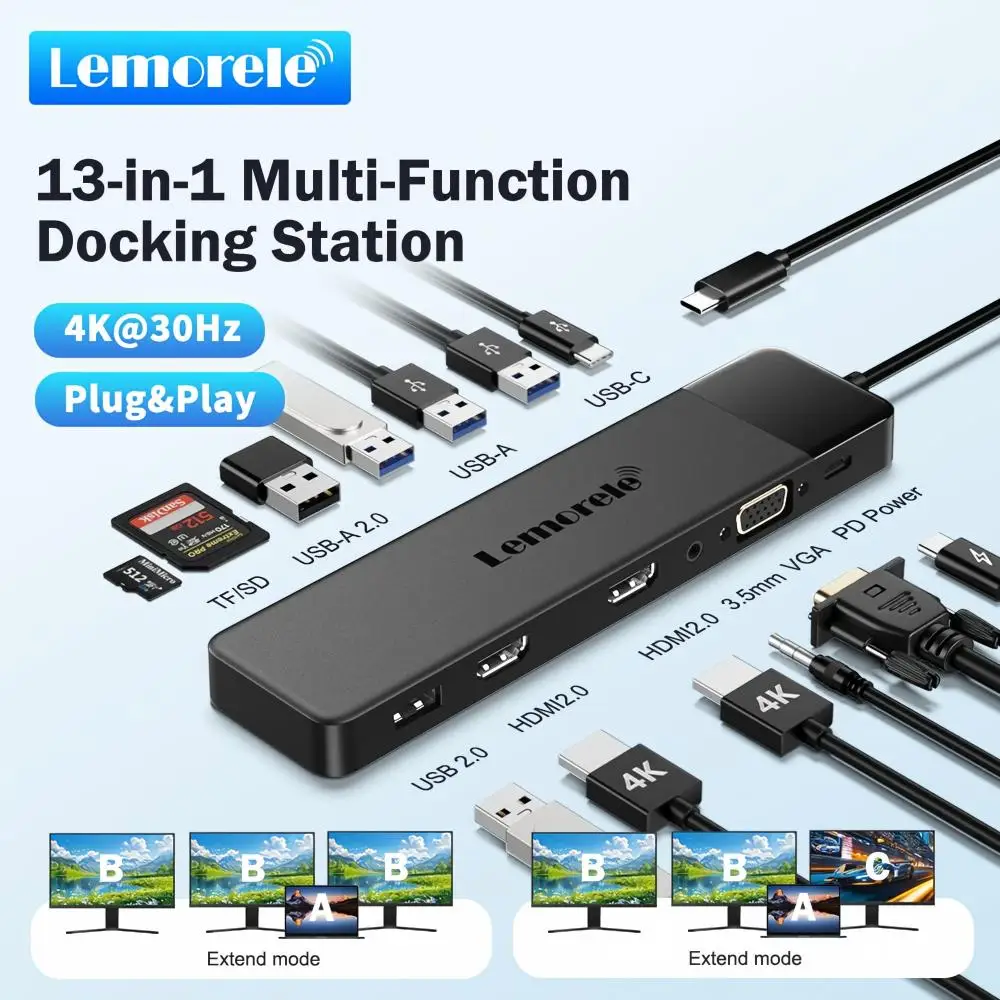 Lemorele USB C HUB 13-in-1 Docking Station 4K 30Hz HDMI USB 3.0 PD 100W RJ45 VGA SD/TF USB Splitter Laptop Computer Accessories