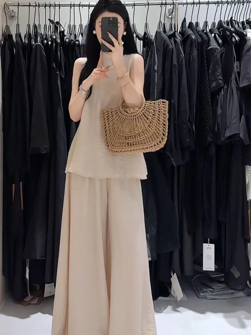 

New Korean Fashion Casual Summer Women's Suit Fashion Sleeveless Split Loose Vest Top + High Waist Wide Leg Pants Two Piece Set