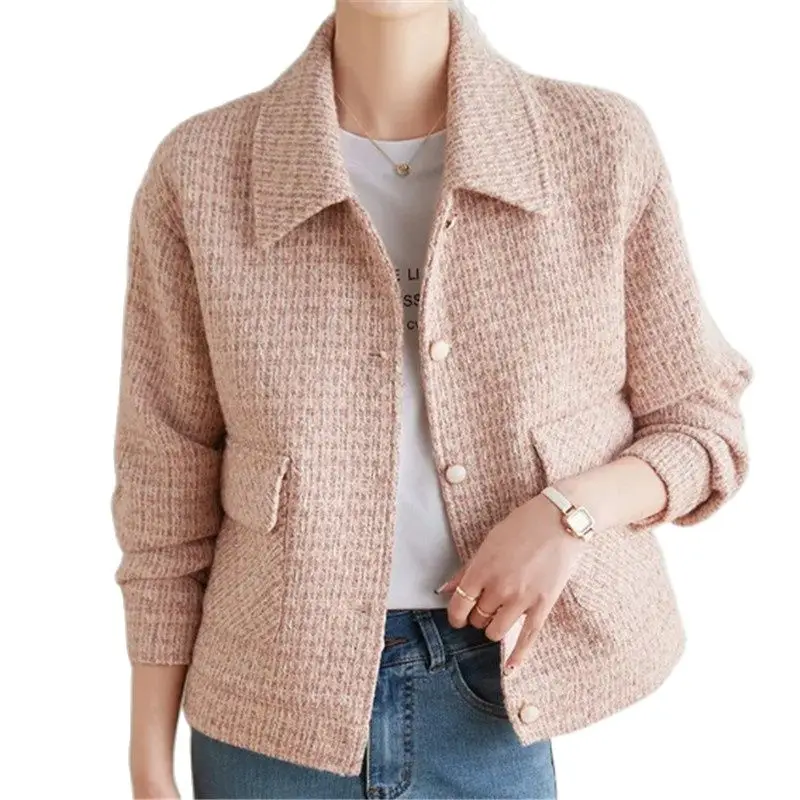 

Autumn Winter Short Coat Women 2023 New Loose Pure Colour Chequer Single-Breasted Jacket Turndown Collar Outerwear Female