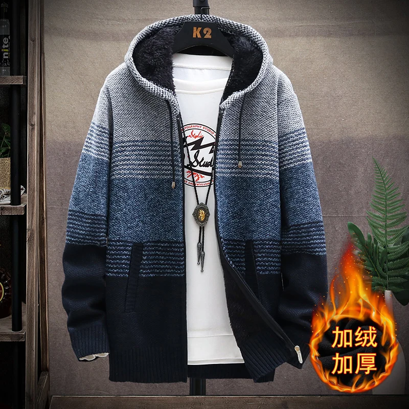 

Куртка с капюшоном, мужская осенне-зимняя повседневная теплая куртка, полосатый вязаный свитер, мужской высококачественный свободный дышащий вязаный свитер
