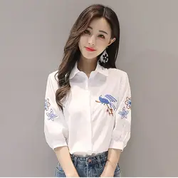 Cotton White Shirt Women Hort-sleeved Embroidered Flower Bird Ethnic Style 2025 Summer New Shirt Mid-sleeve Top Bottoming
