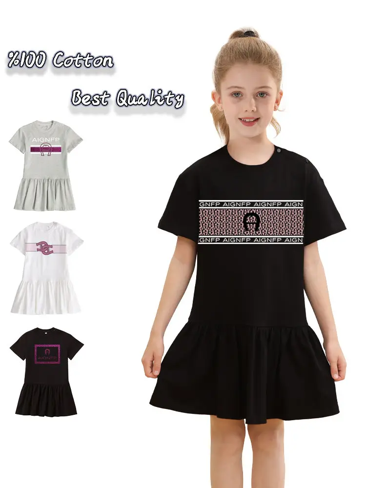 

Повседневная одежда, платье для девочек, Лидер продаж 2025 года, детская летняя одежда, хлопковая милая юбка с короткими рукавами и буквенным принтом, детские платья принцессы