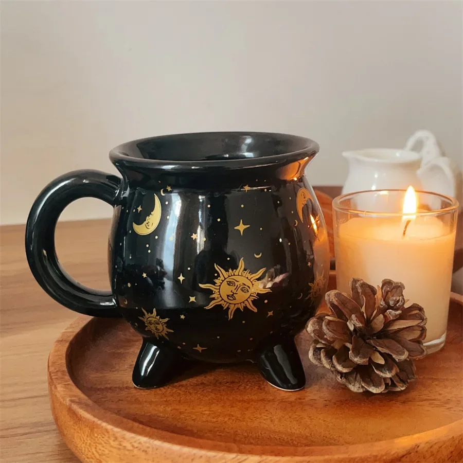 Tasse à café en forme de chaudron 350 ml en céramique noire, mugs sorcière, adorables tasses à thème potion de sorcière, idéales pour Noël et Thanksgiving