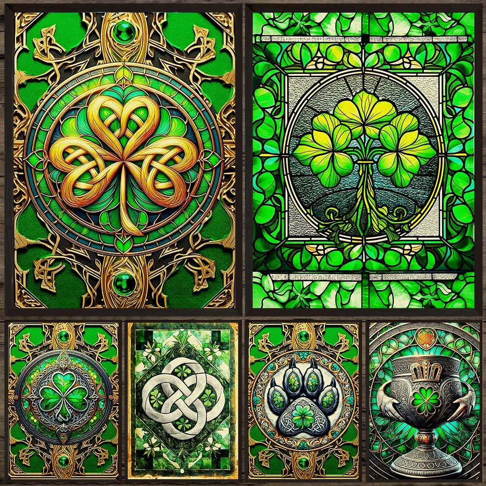 Irish Celtic Clover Shield,Cross And Chalice Abstract Wall Art Canvas Painting,Tree Of Life Medieval Art Poster Print Home Decor