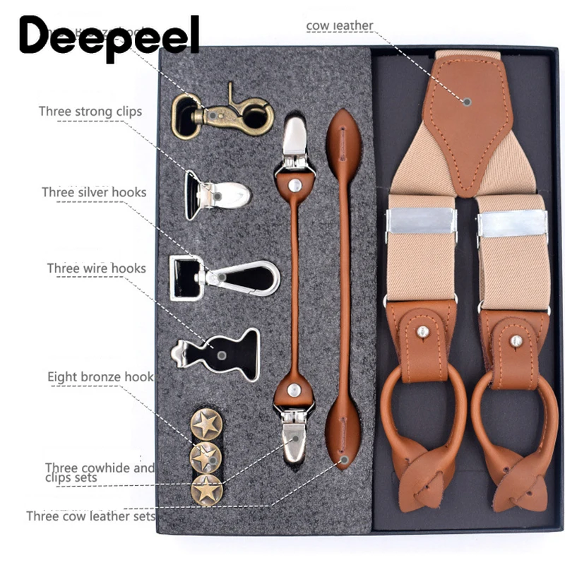 Deepeel 1Set 3.5*125cm Business Men Suspender Luxury Multi-set Suit 3/6 Clips Work Suspenders DIY Leather Elastic Male Jockstrap