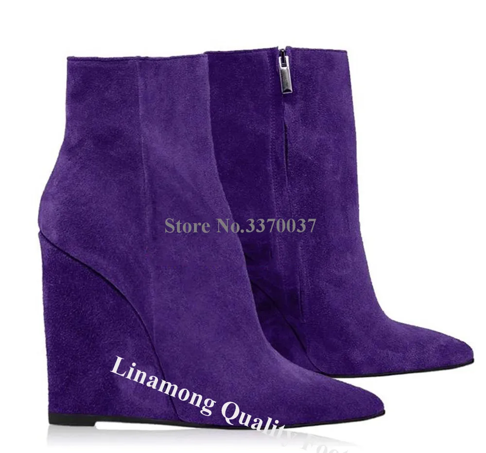 Linamong Elegant Suede Wedge Short Boots Pointed Toe Purple Green Brown Zipper-up Wedge Ankle Booties Big Size Wedges