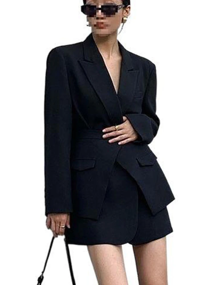 [oein]  Black Padded Shoulder Suit Jacket, Women\'s  Cinched Temperament, Two Suits with Waist Seal