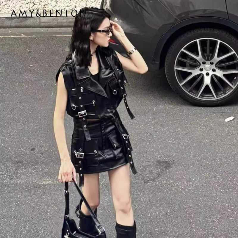 

Original Black Hot Girl Heavy Industry Punk Women's Waistcoat Summer Sweet Cool Belt Buckle PU Leather Coat Skirt Suit Ladies