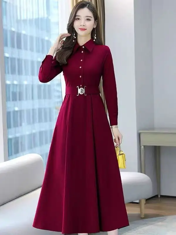 Sukienka midi w kształcie litery A dla kobiet plus size, nowa kolekcja jesienna, styl koreański, luźny krój, długi rękaw, detale z guzikami, włókno poliestrowe.