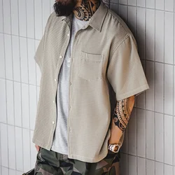 Maden Summer Casual Waffle Short Sleeve Shirts for Men Anti-wrinkle Breathable Shirt Solid Color T-shirt Tops Plus Size