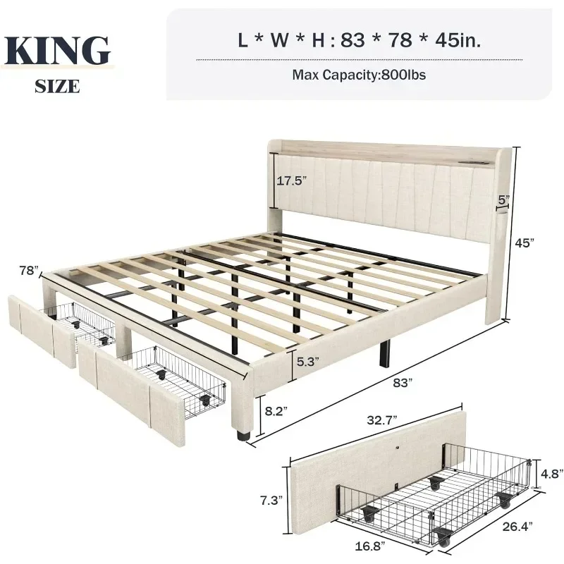 Bingkai tempat tidur King, tempat tidur Platform berlapis kain dengan laci penyimpanan, Headboard dan stasiun pengisian