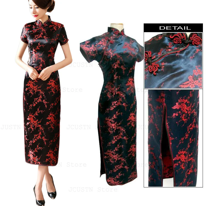 Navy Blue Flower Jacquard Cheongsam Long Vestidos Women Sexy Split Qipao Chinese Traditional Dresses Casual Streetwear Dress