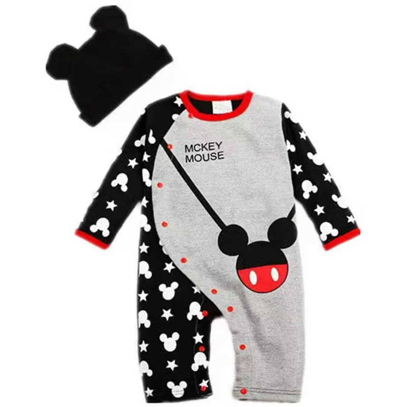 Spring Baby Rompers+Hat 2pcs Set Cartoon Mickey Minnie Boys Girl Jumpsuit Infant Costumes Newborn Baby Clothes Lovely Baby Suits