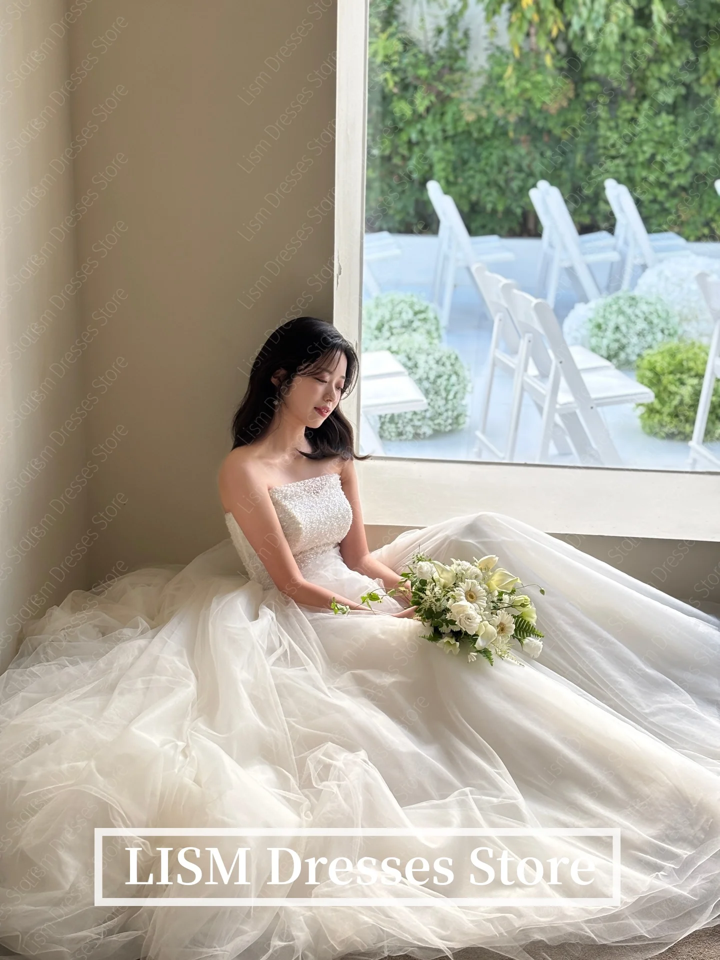 Lism vestidos de casamento coreanos sem alças, linha a, tule de seda, frisado, luxo, longo, sessão de fotos, personalizado