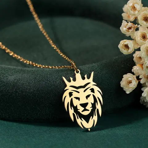 QIMING Lion With King Crown Pendant Necklace For Women Stainless Steel Jewelry Animal Gothic Men Necklace