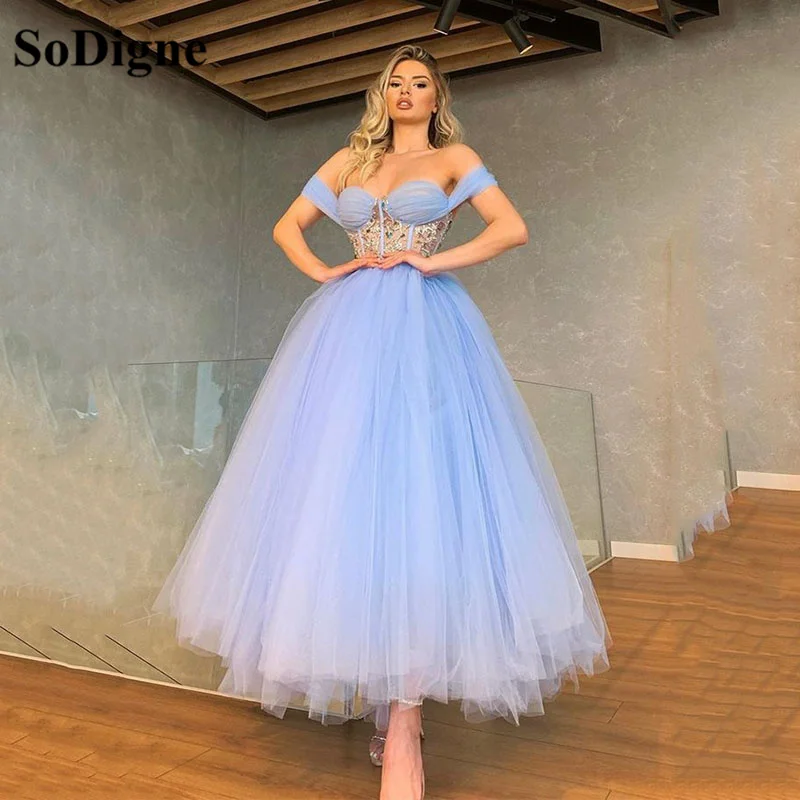 

SoDigne Simple Blue Short Prom Dresses Beads Off The Shoulder Tulle Prom Gowns Sweeheart Tea-Length Wedding Party Dress