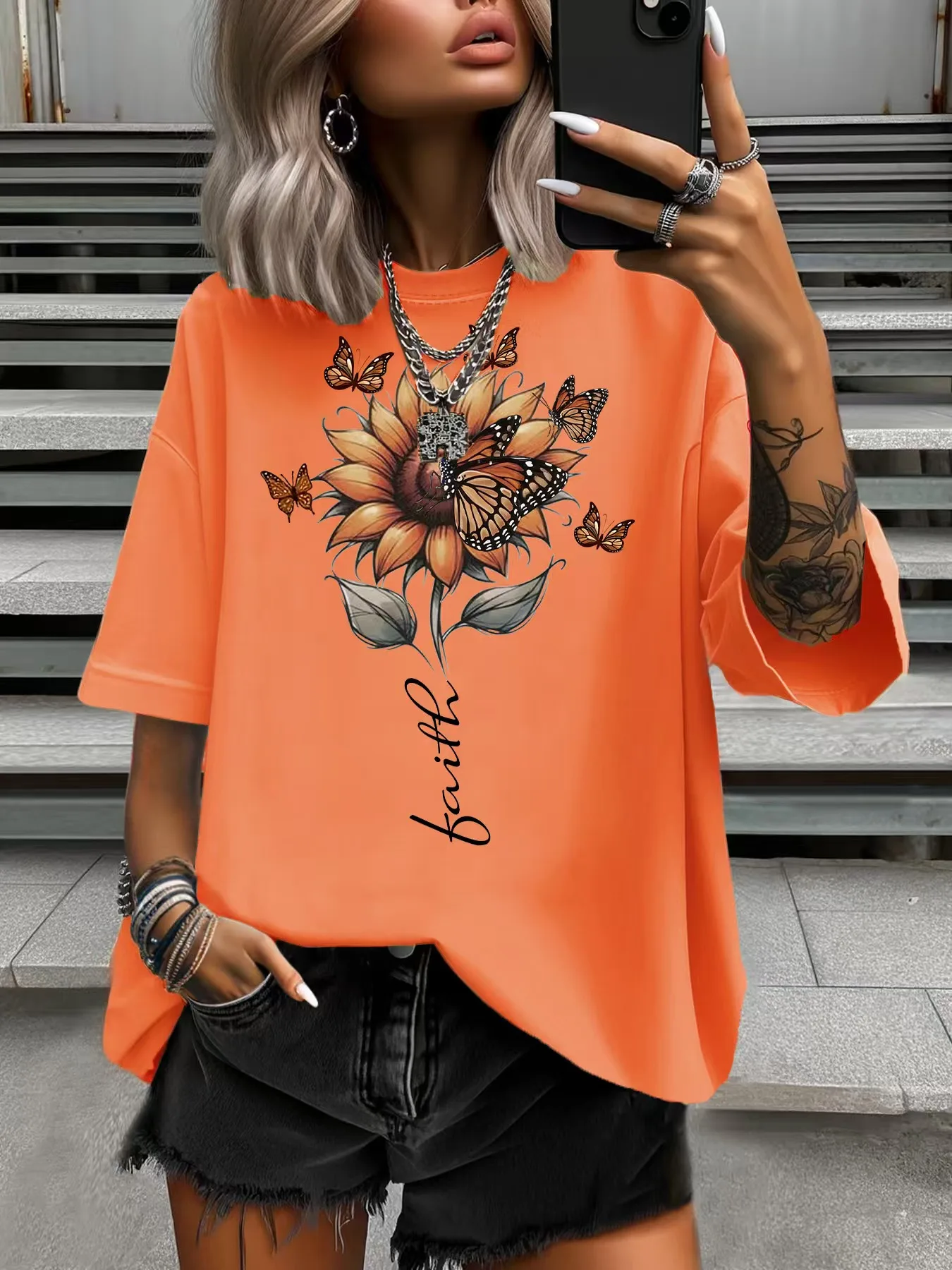 

Summer Women's Plus Size T-Shirt Original Design Fashion Letter Sunflower Printed Women's Casual Round Neck Short Sleeved Tops