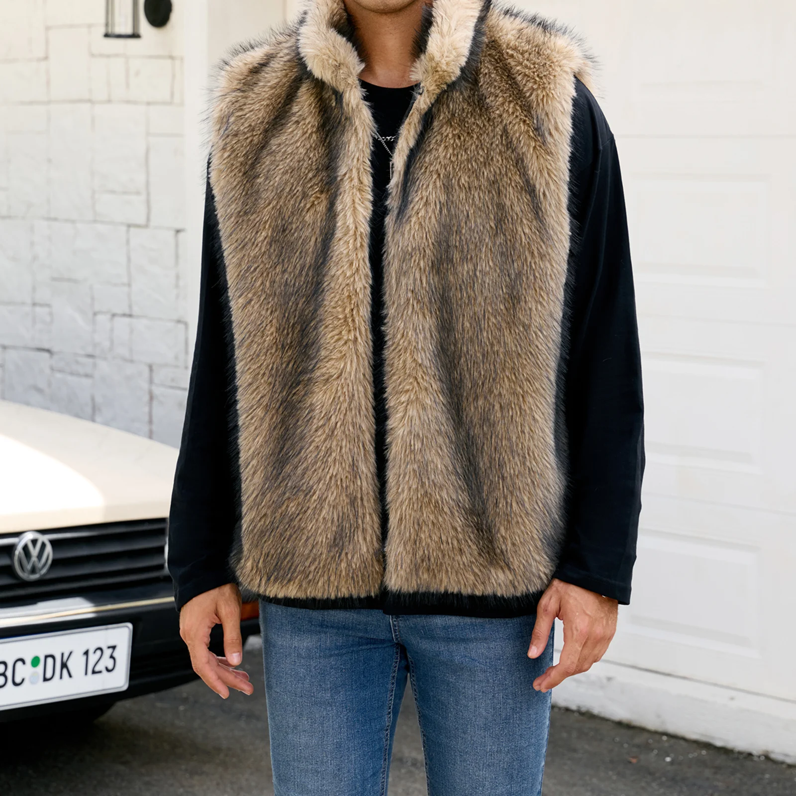Men Faux Fur Sleeveless Coat Loose Contrast Stand Collar Warm Furry Winter Vest Jacket