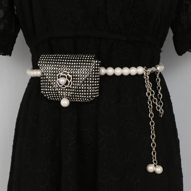 2026 Ladies Waist Chain Pocket Woman Waist Chain Dress Pants Pearl Flower Small Diamond Bag Decoration Belts for Women Luxury