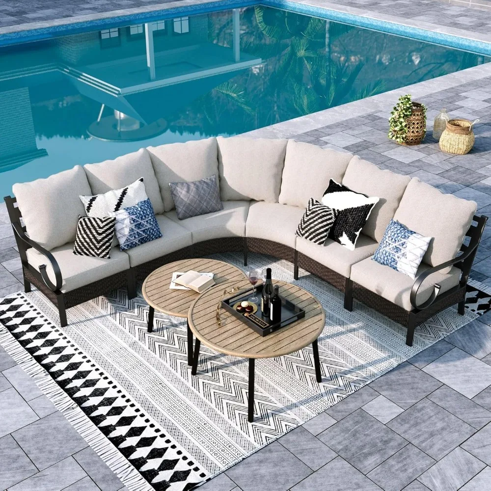 Outdoor Terrace Furniture Set, 6-seater Semi Moon Shaped Sectional Sofa with 2 Circular Coffee Tables,outdoor Rattan Terrace Set