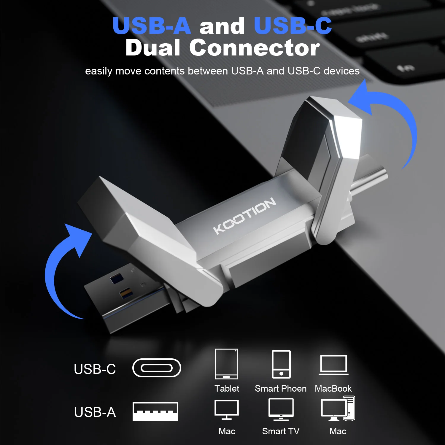 Kootion U54 USB Flash Drive Portátil Tipo C/A Dual Slot USB Disk 128GB 256GB 512GB 450MB/S Cinza Memória Stick para Laptop Tablet