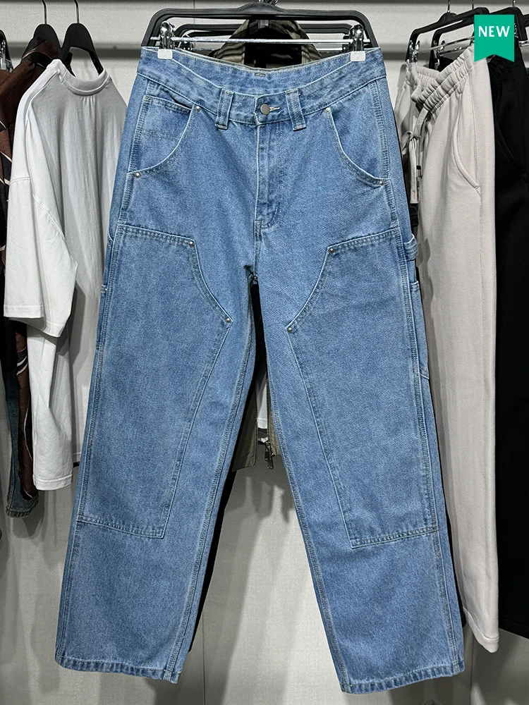 

Autumn Winter New Men's Straight Leg Jeans Multi-Color Options Carpenter Sle ket Decorated Denim Pants Classic Vintage