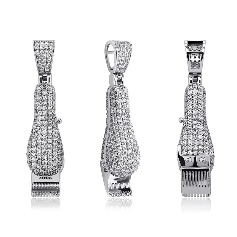 Iced Out Hair Clipper Pendant Necklace CZ Zircon Full Paved Barber Style Hip Hop Jewelry Streetwear Chain Accessories
