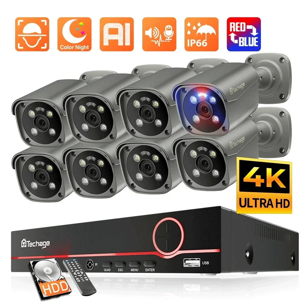 Techage HD PoE 카메라 시스템, 비디오 감시, 8CH NVR 키트, AI 얼굴 감지, 이메일 경고, CCTV 양방향 보안 시스템, 4K, 8MP