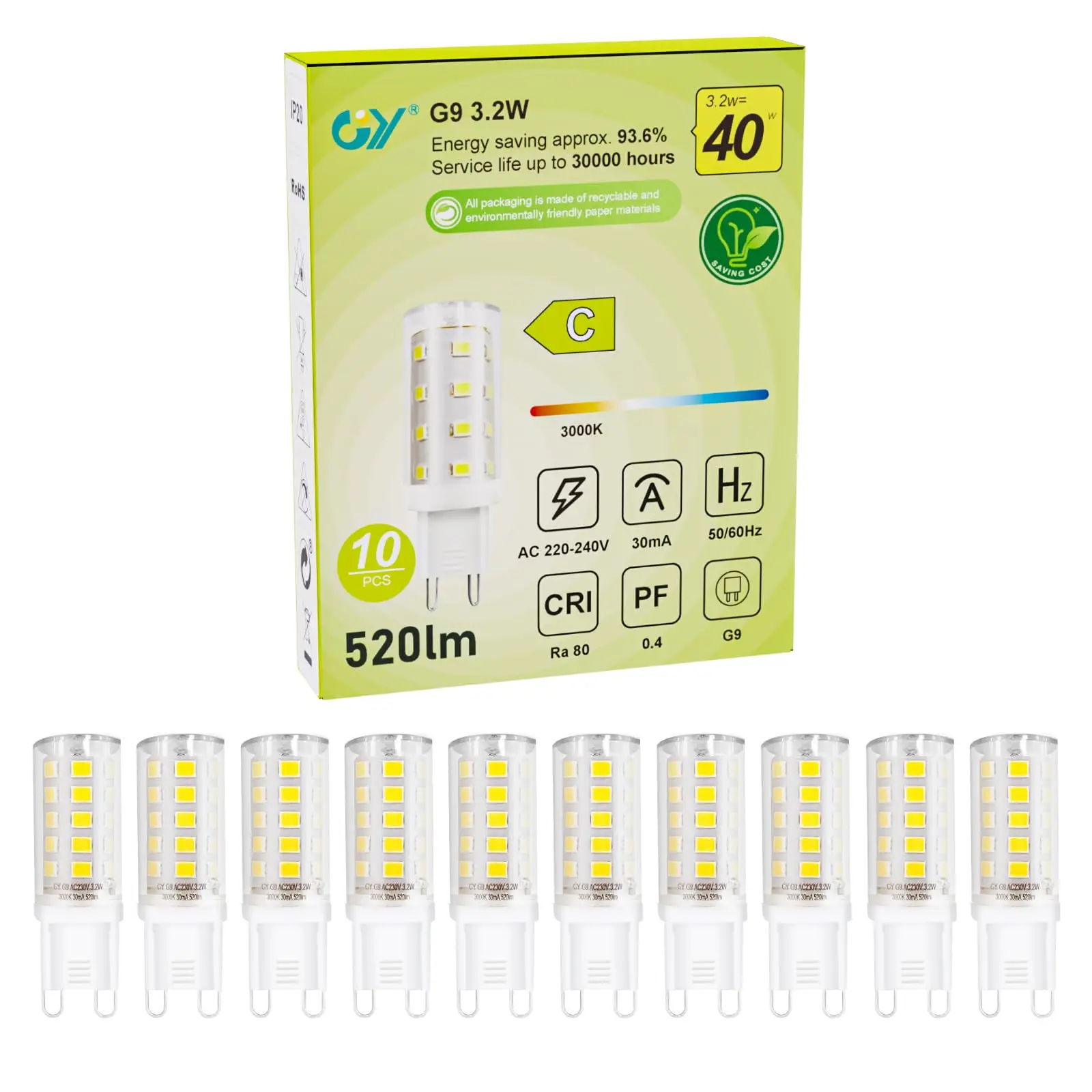 G9 LED-Glühbirnen 3,2W 520 Lumen, Äquivalent zu 40W, Erhältlich in 3000K/4000K/6500K, Nicht Dimmbar Flimmerfrei für Heimbeleuchtung und Dekoration, 10er-Pack