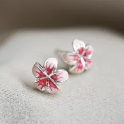 Uini-Tail Hot Sweet Red Cherry Blossom Stud Earrings 925 Tibetan silver Earrings Glazed Romantic Flowers New Small Fresh ED163