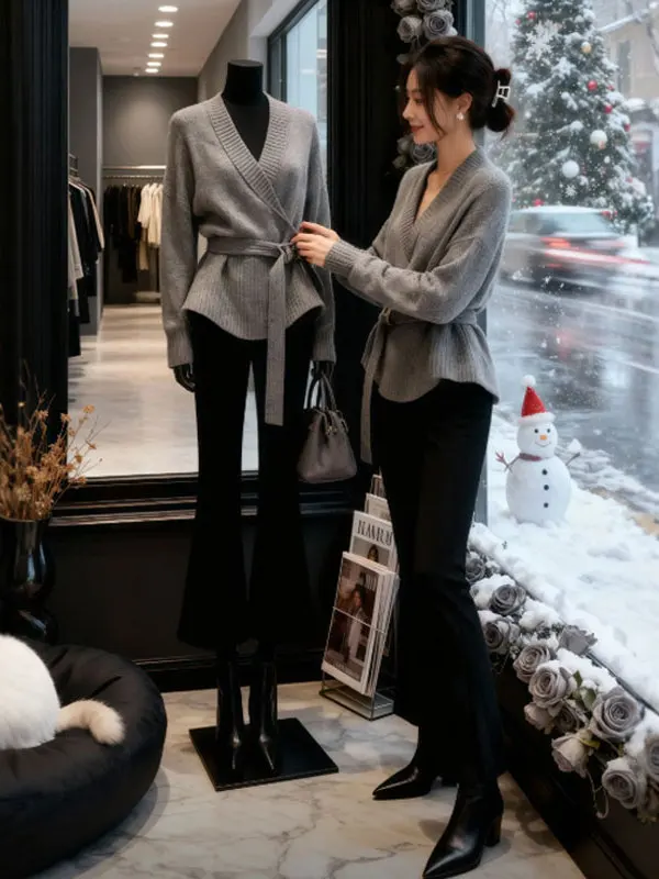 

Korean Sle Long Sve Knot Tie Knitted Sweater Women's Slim Fit Faionable Spring Design Unique plus Size V Ne Sweater