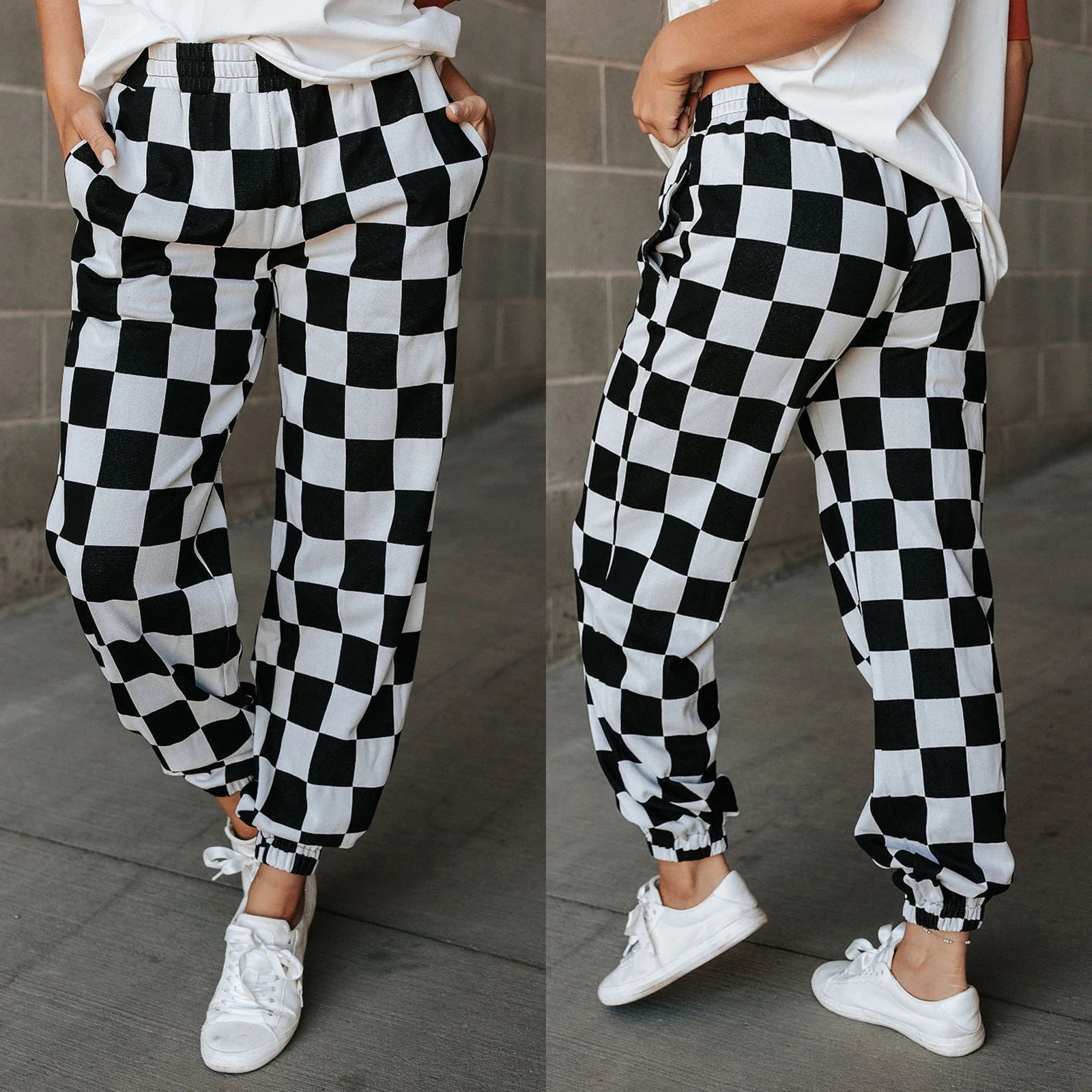 สตรี Checkered Cargo กางเกงเอวยางยืดสีบล็อก Gingham หลวม Jogger กางเกง Streetwear