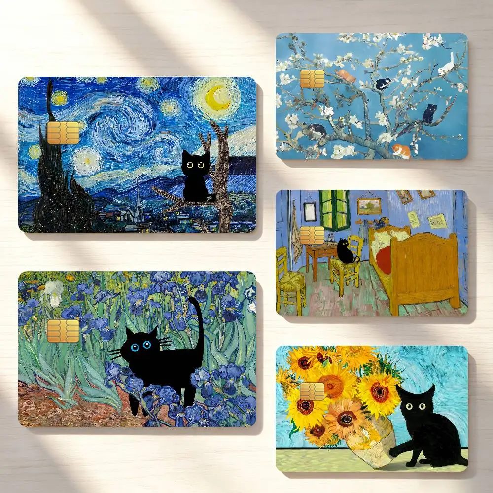Van Gogh Cat Starry Night Parody Credit Card Sticker Waterproof Anti-Scratch 4PCS Bank Debit Traffic Cover Decoration