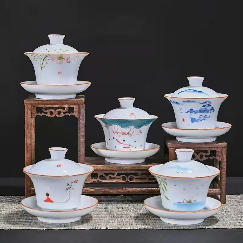 

Jingdezhen-Porcelain Tea Set, Ceramic Teacups and Saucers, Handpainted Lotus, Travel, Easy Gaiwan, Porcelain Cup, Tableware