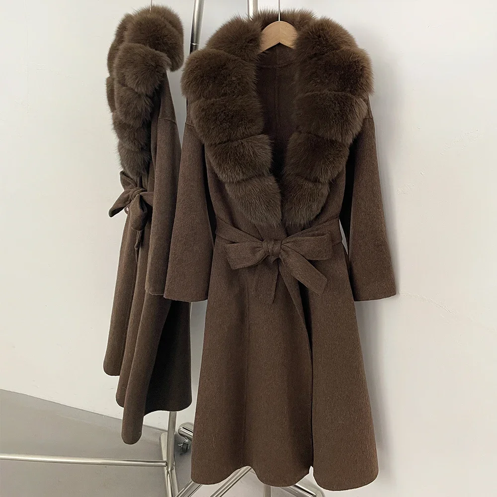 OFTBUY Neue Luxus-Winterkleidung Damen Mittellanger 100% Wollmantel Echter Fuchspelzkragen Gürtel-Wickeljacke aus Wolle für Damen – Detail 7