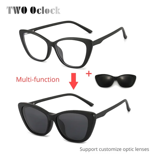 Imagen 2 del producto Gafas de sol magnéticas 2 en 1 de diseñador Vintage para mujer, gafas de sol polarizadas con forma de ojo de gato UV400, montura óptica de 0 dioptrías
